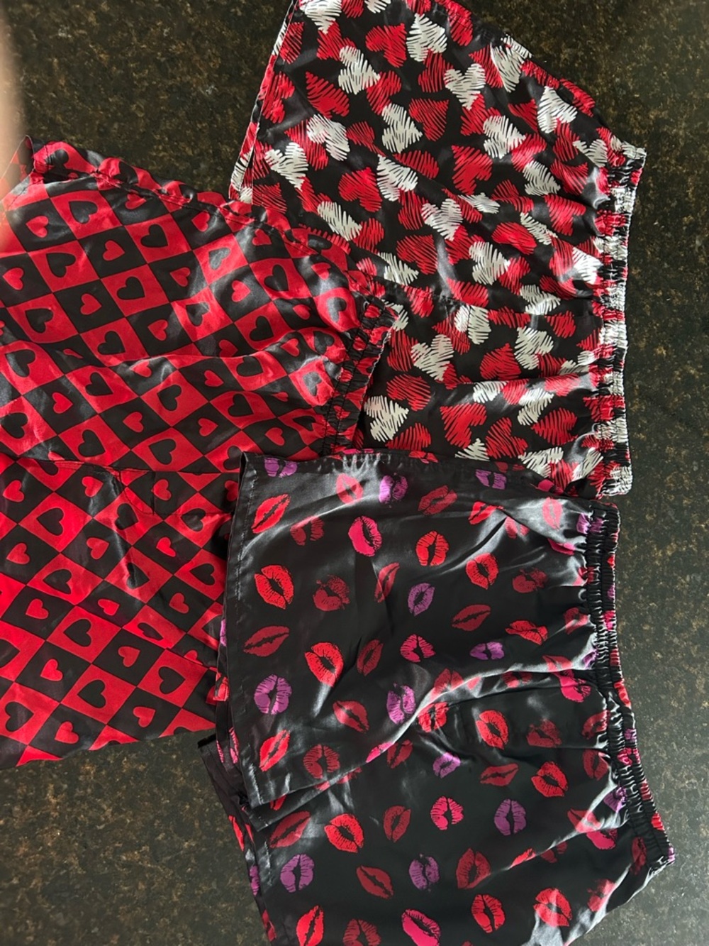 Men's Satin Boxer Shorts - Red, Black & White Heart and Lip Print (3-Pack)